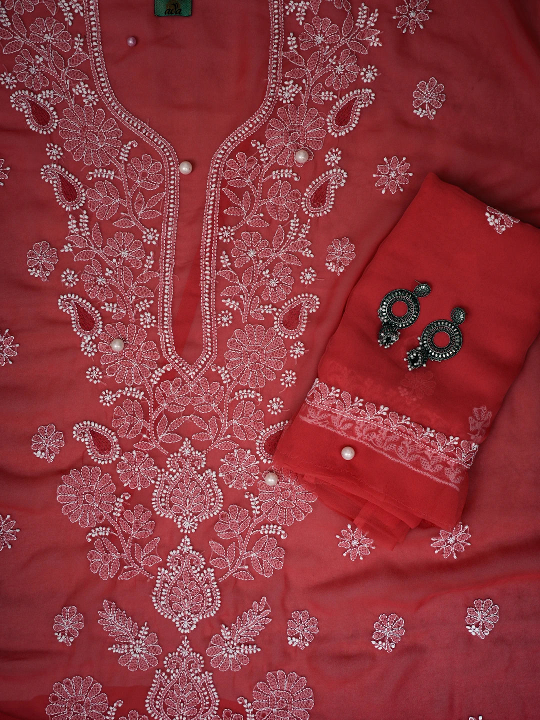Ada Hand Embroidered Coral Red Georgette Lucknowi Chikankari Unstitched Suit Piece A211250