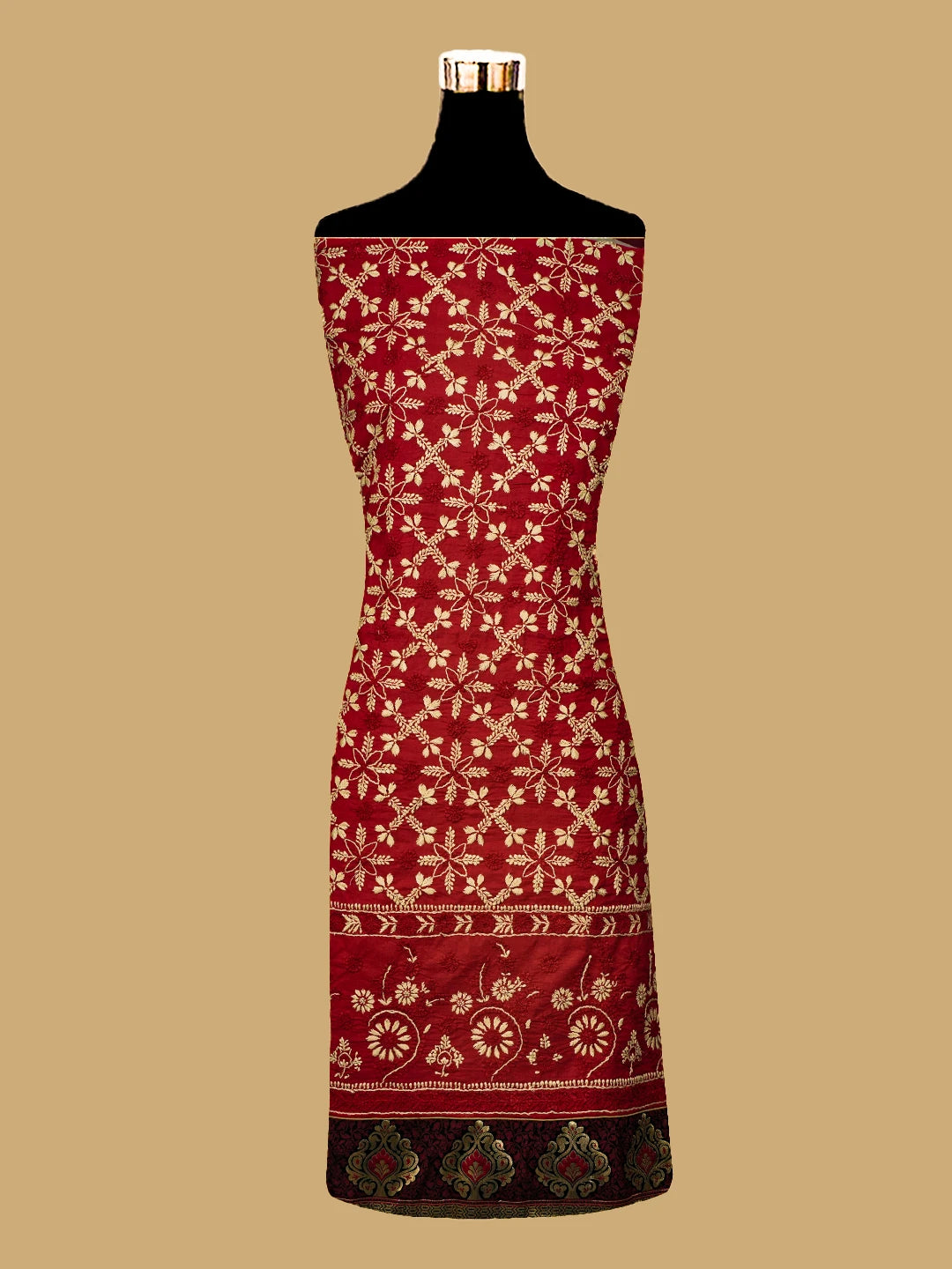 Ada Hand Embroidered Red Cotton Lucknowi Chikankari Unstitched Suit Piece 01A681229