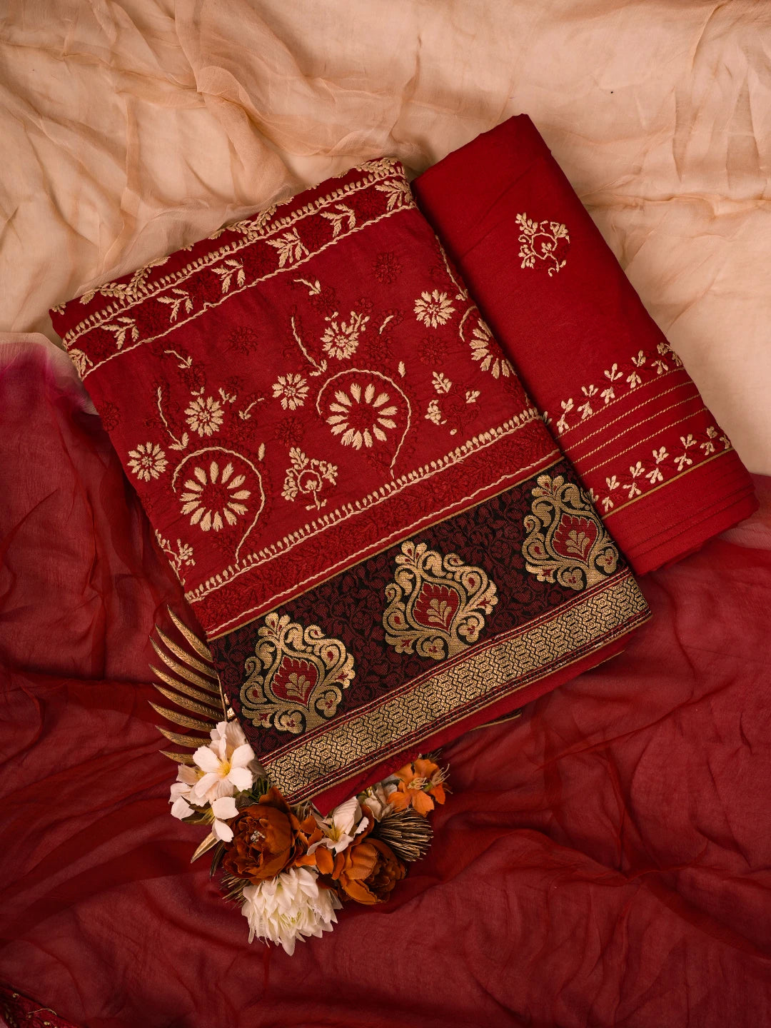 Ada Hand Embroidered Red Cotton Lucknowi Chikankari Unstitched Suit Piece 01A681229