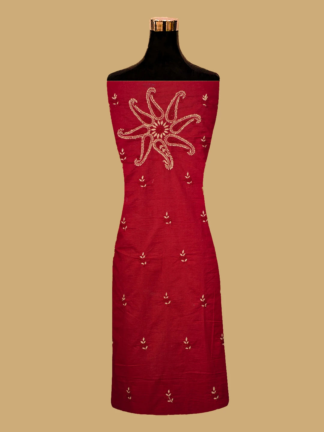 Ada Hand Embroidered Red Cotton Lucknowi Chikankari Unstitched Suit Piece 01A681229