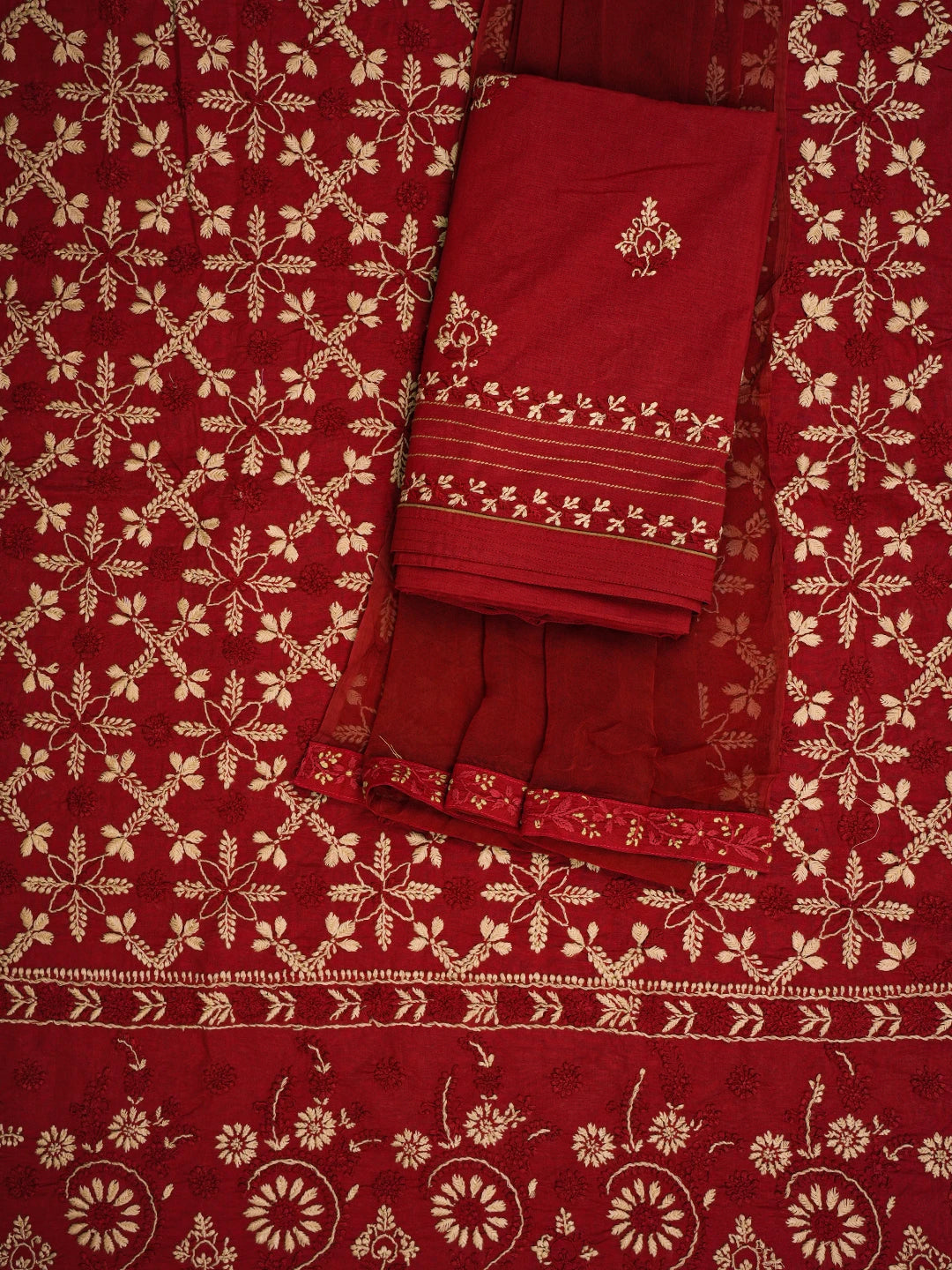 Ada Hand Embroidered Red Cotton Lucknowi Chikankari Unstitched Suit Piece 01A681229