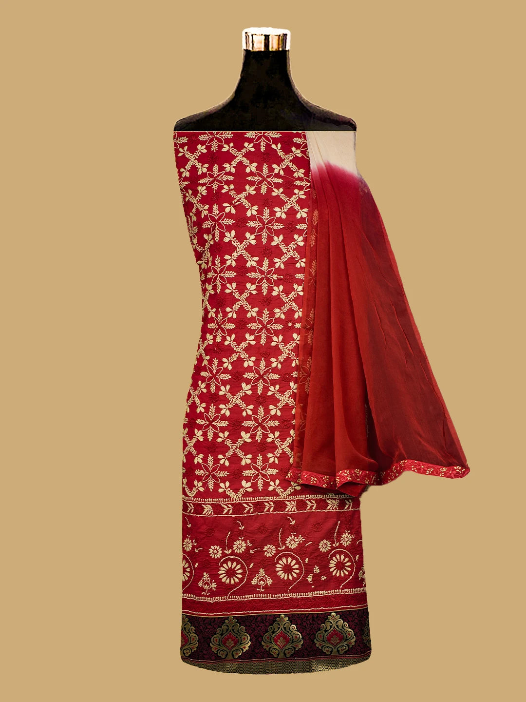 Ada Hand Embroidered Red Cotton Lucknowi Chikankari Unstitched Suit Piece 01A681229