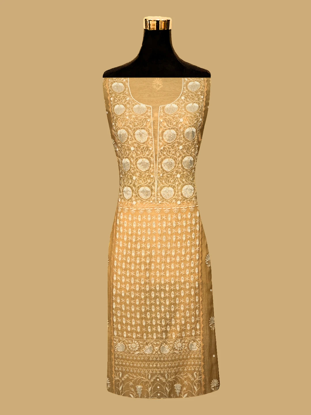 Ada Hand Embroidered Peach Chanderi Lucknowi Chikankari Semi-Stitched Kurta Dupatta Set With Cutdana Work 01A648368