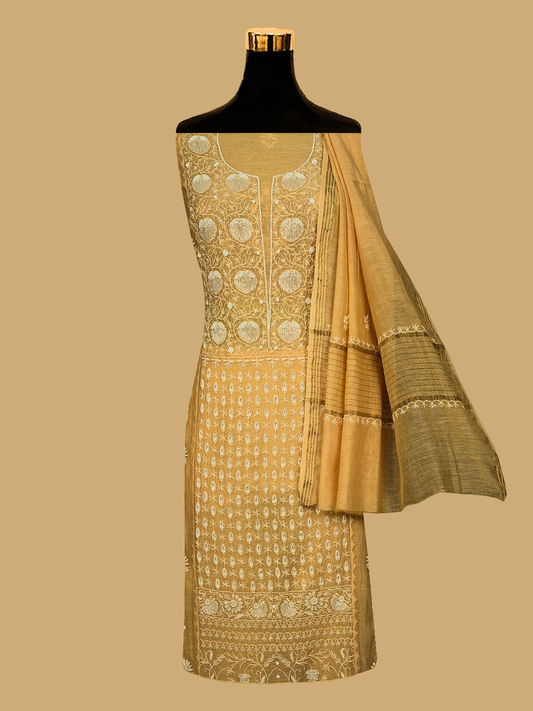 Ada Hand Embroidered Peach Chanderi Lucknowi Chikankari Semi-Stitched Kurta Dupatta Set With Cutdana Work 01A648368