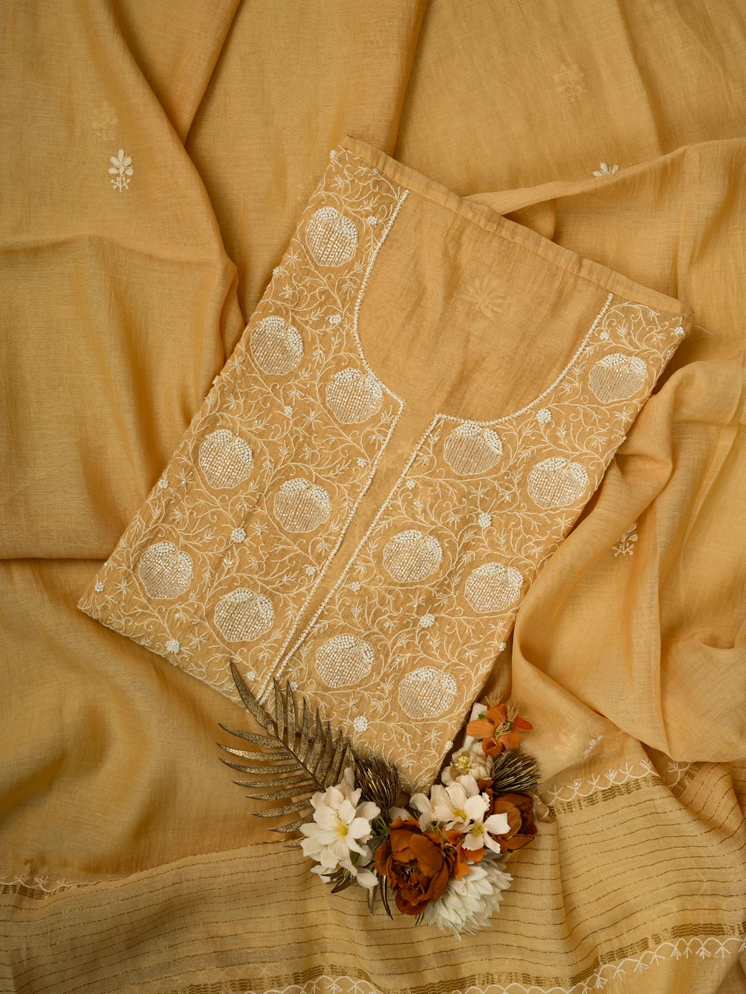 Ada Hand Embroidered Peach Chanderi Lucknowi Chikankari Semi-Stitched Kurta Dupatta Set With Cutdana Work 01A648368