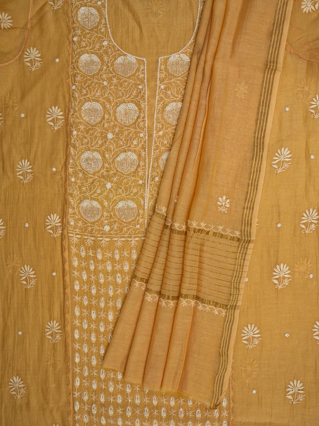 Ada Hand Embroidered Peach Chanderi Lucknowi Chikankari Semi-Stitched Kurta Dupatta Set With Cutdana Work 01A648368