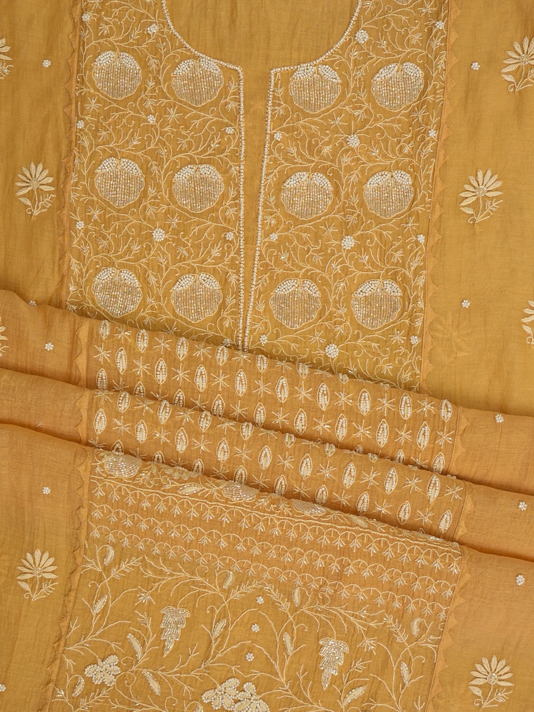 Ada Hand Embroidered Peach Chanderi Lucknowi Chikankari Semi-Stitched Kurta Dupatta Set With Cutdana Work 01A648368