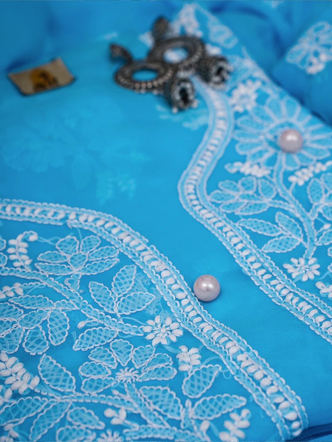 Ada Hand Embroidered Turquoise Blue Georgette Lucknowi Chikankari Unstitched Suit Piece A211252