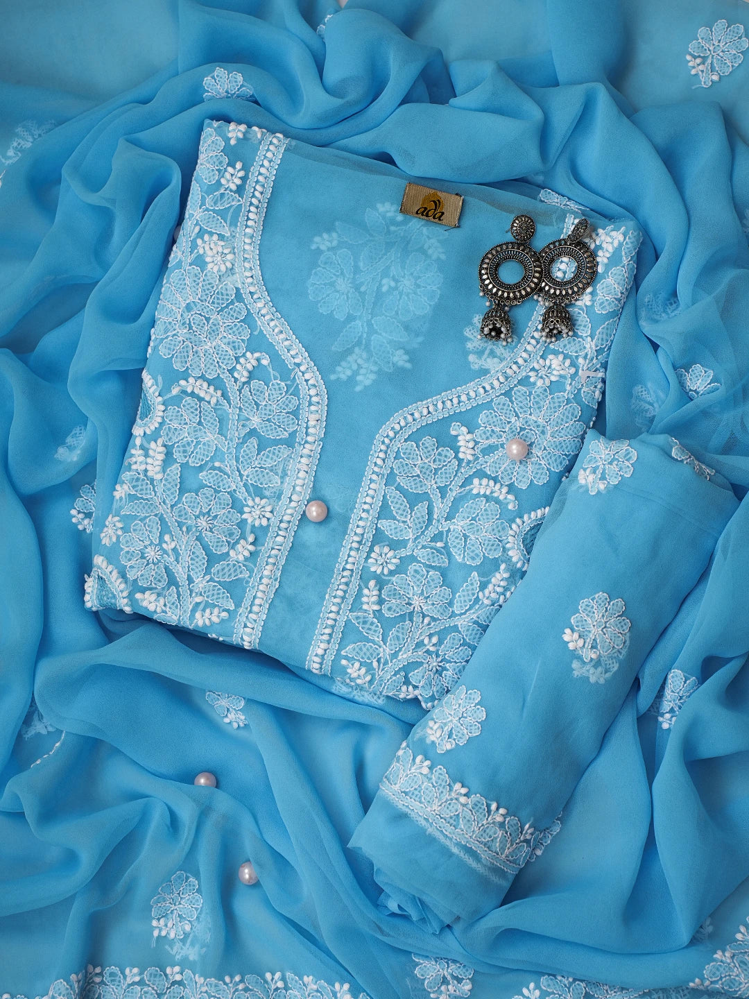 Ada Hand Embroidered Turquoise Blue Georgette Lucknowi Chikankari Unstitched Suit Piece A211252