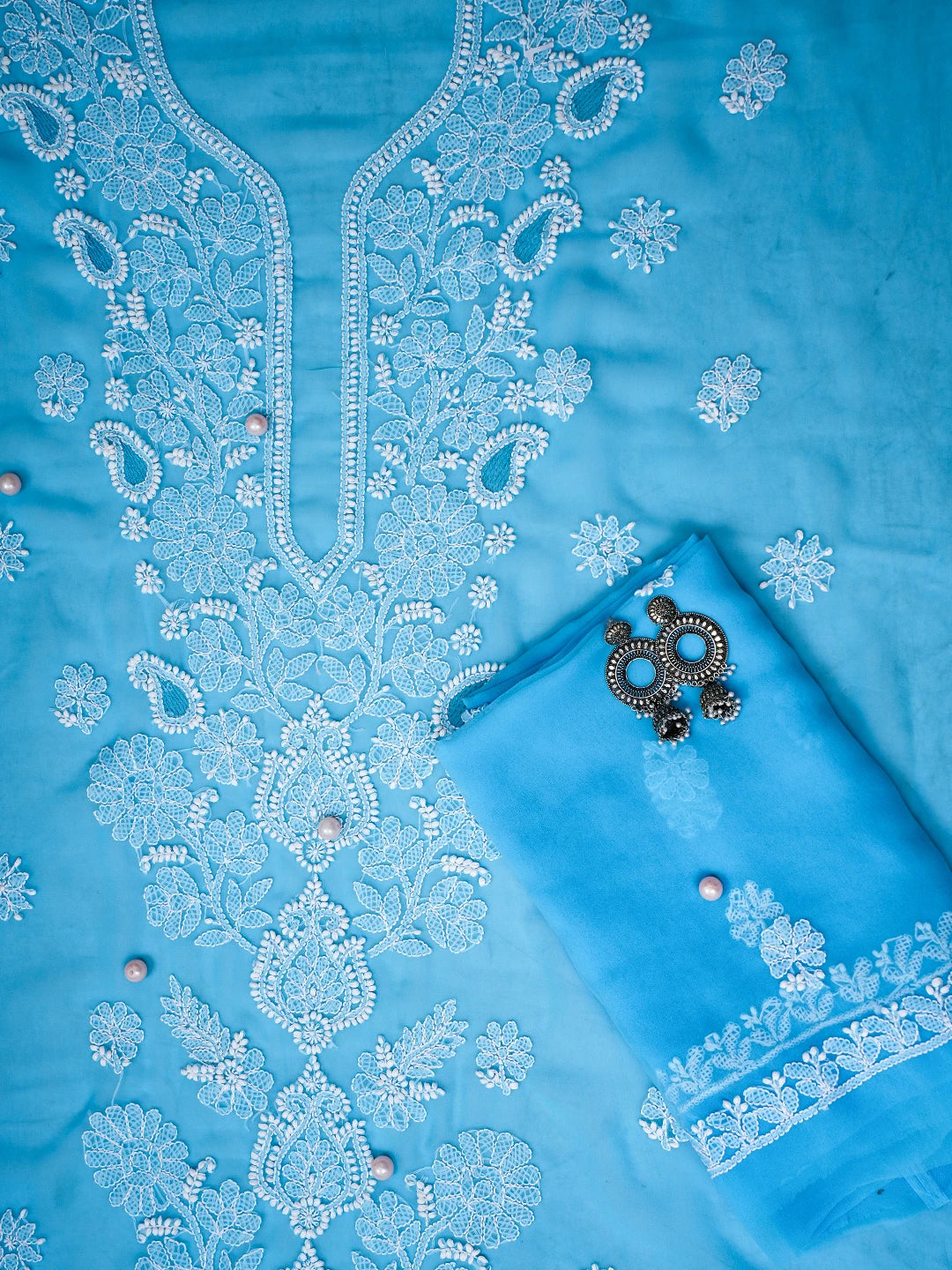 Ada Hand Embroidered Turquoise Blue Georgette Lucknowi Chikankari Unstitched Suit Piece A211252