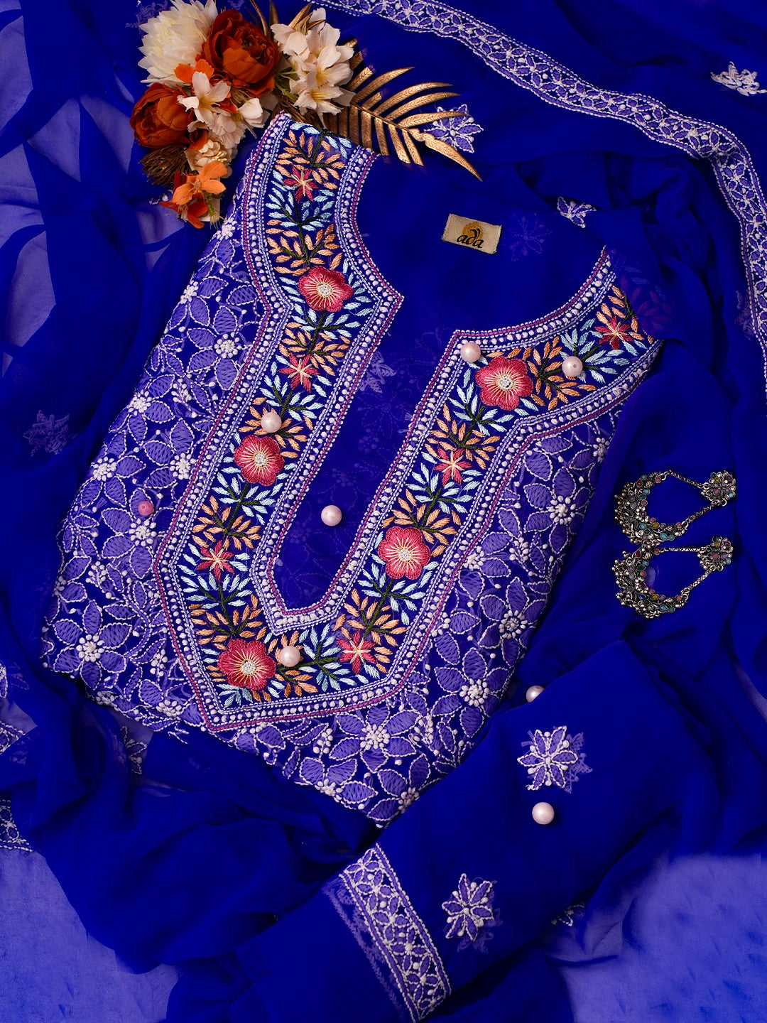 Ada Hand Embroidered Royal Blue Georgette Lucknowi Chikankari Unstitched Suit Piece With Parsi Work A211253
