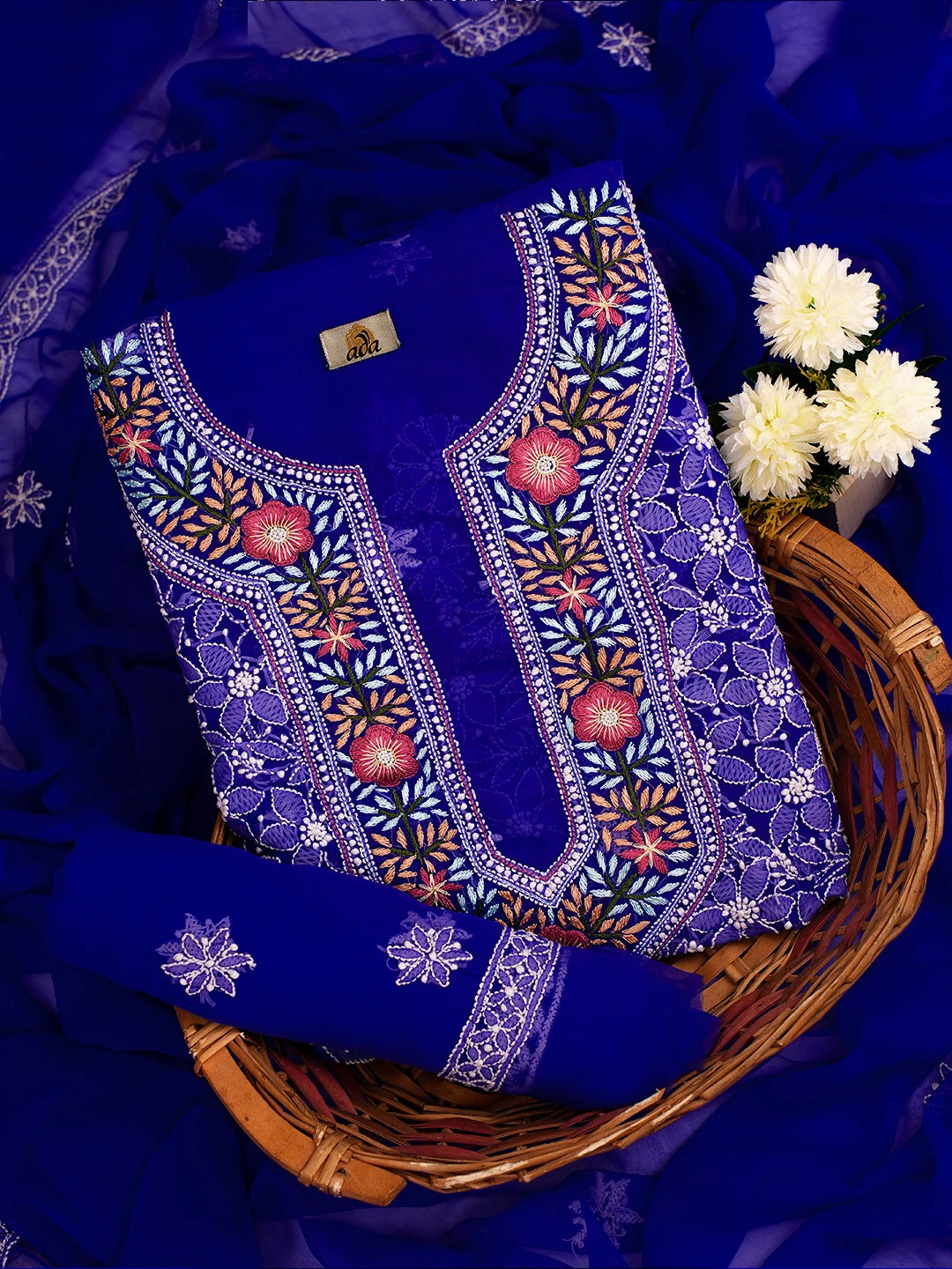 Ada Hand Embroidered Royal Blue Georgette Lucknowi Chikankari Unstitched Suit Piece With Parsi Work A211253