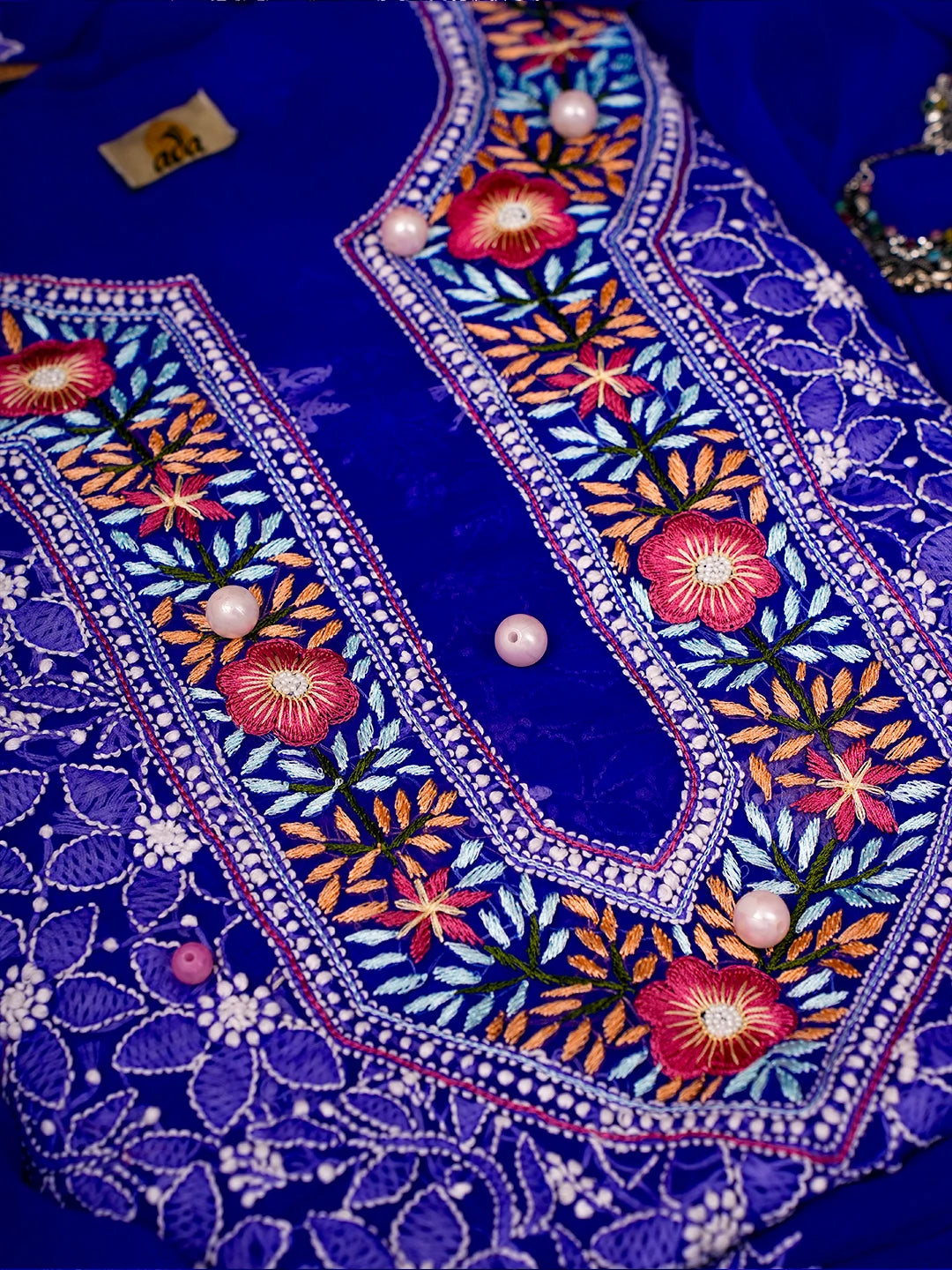 Ada Hand Embroidered Royal Blue Georgette Lucknowi Chikankari Unstitched Suit Piece With Parsi Work A211253