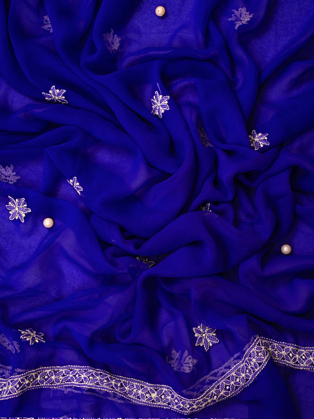 Ada Hand Embroidered Royal Blue Georgette Lucknowi Chikankari Unstitched Suit Piece With Parsi Work A211253
