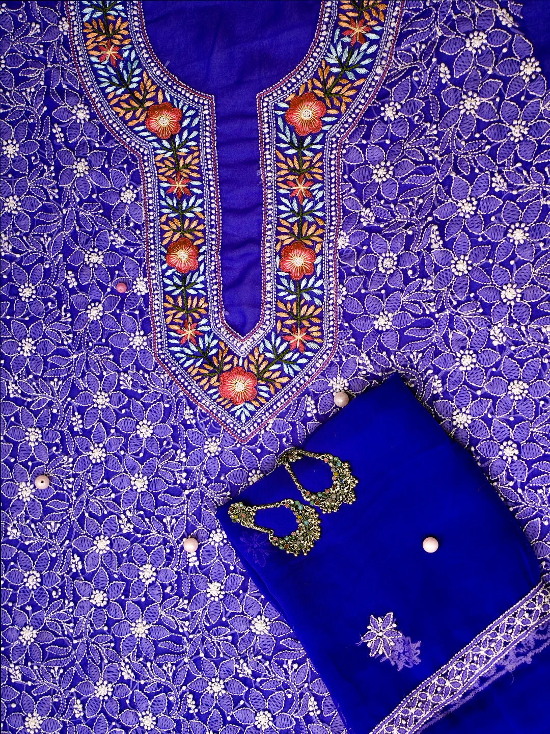 Ada Hand Embroidered Royal Blue Georgette Lucknowi Chikankari Unstitched Suit Piece With Parsi Work A211253
