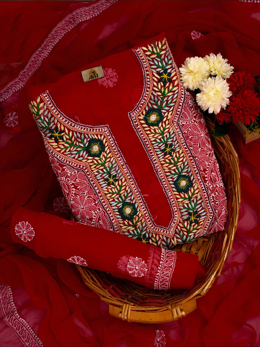Ada Hand Embroidered Red Georgette Lucknowi Chikankari Unstitched Suit Piece With Parsi Work A211254