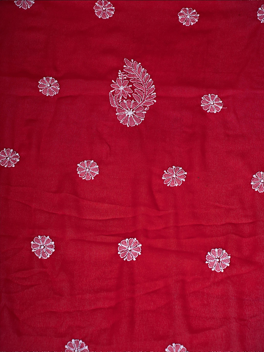 Ada Hand Embroidered Red Georgette Lucknowi Chikankari Unstitched Suit Piece With Parsi Work A211254