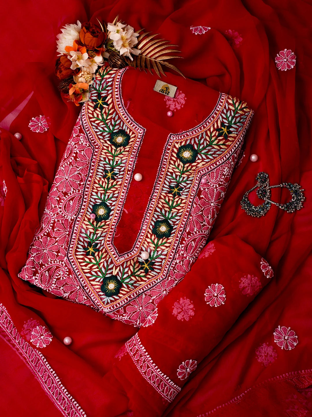 Ada Hand Embroidered Red Georgette Lucknowi Chikankari Unstitched Suit Piece With Parsi Work A211254