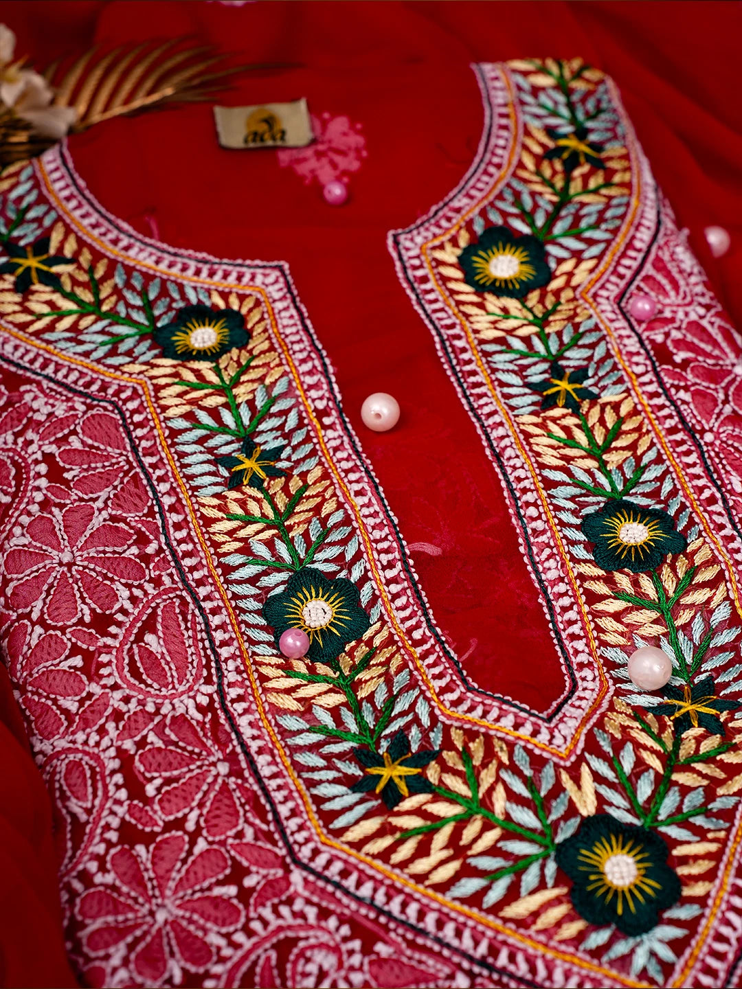 Ada Hand Embroidered Red Georgette Lucknowi Chikankari Unstitched Suit Piece With Parsi Work A211254