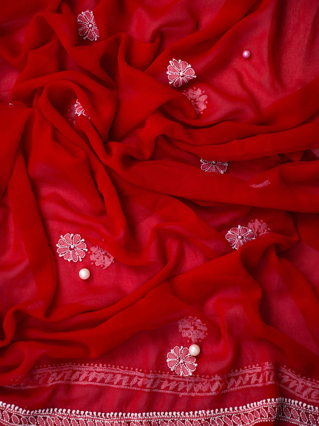 Ada Hand Embroidered Red Georgette Lucknowi Chikankari Unstitched Suit Piece With Parsi Work A211254