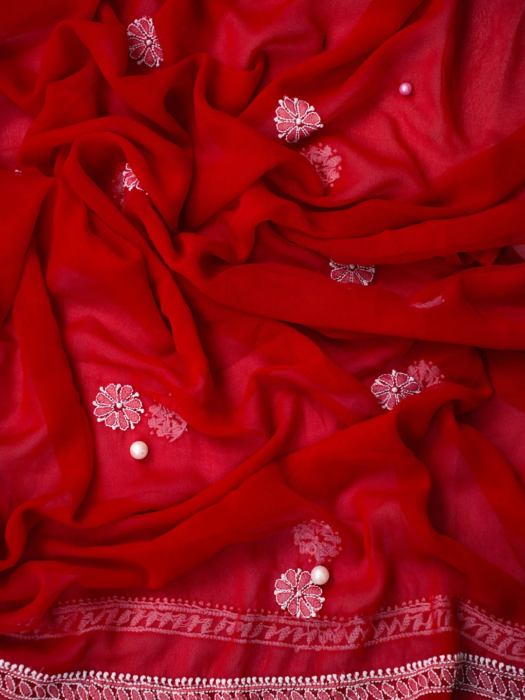 Ada Hand Embroidered Red Georgette Lucknowi Chikankari Unstitched Suit Piece With Parsi Work A211254