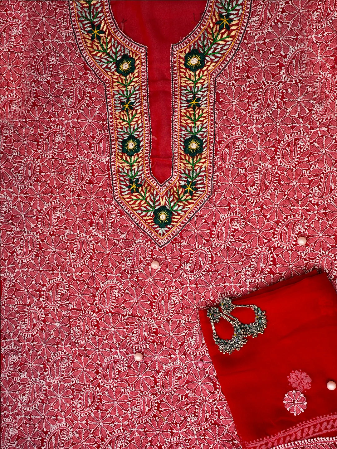 Ada Hand Embroidered Red Georgette Lucknowi Chikankari Unstitched Suit Piece With Parsi Work A211254