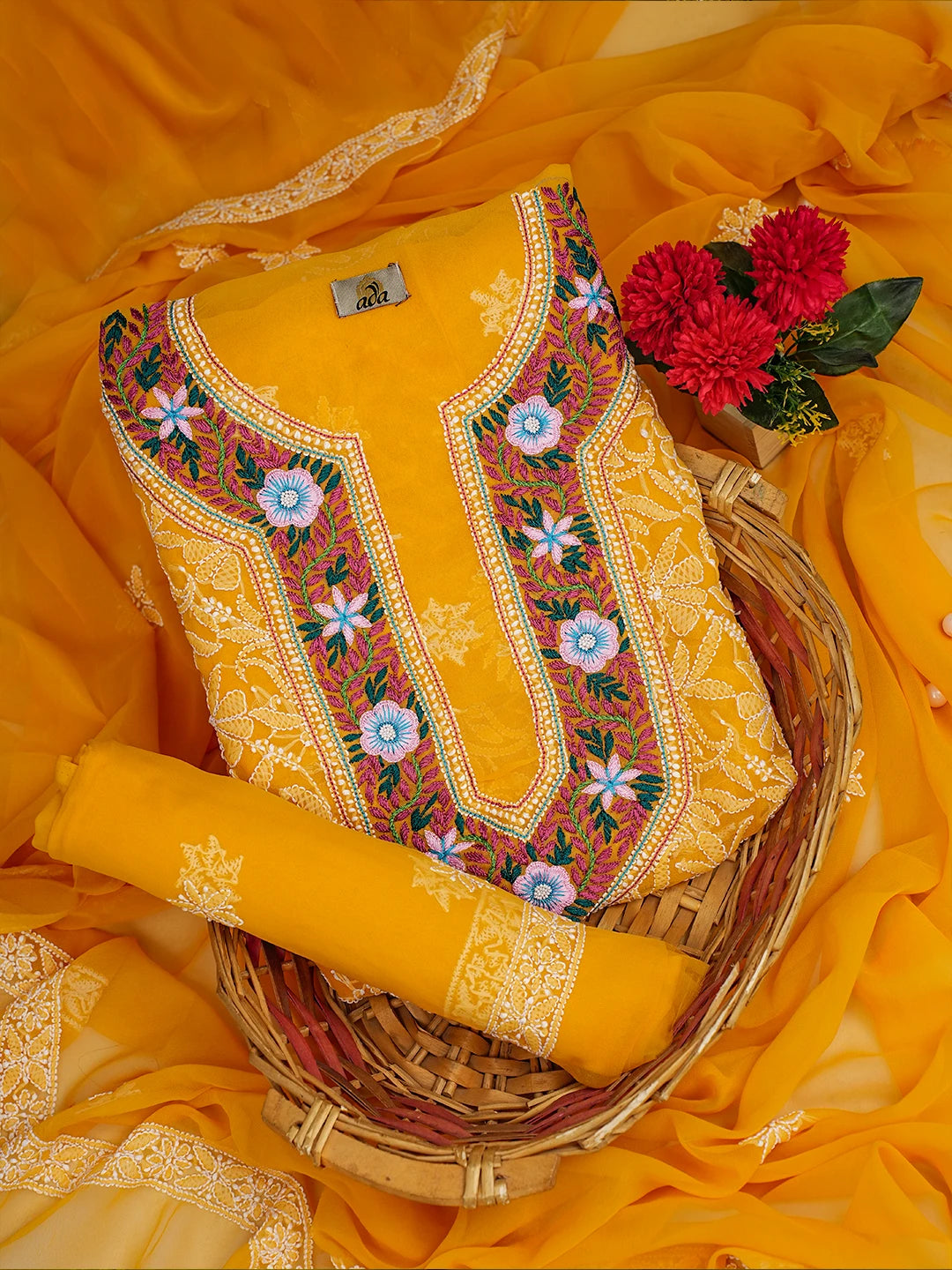 Ada Hand Embroidered Mustard Georgette Lucknowi Chikankari Unstitched Suit Piece With Parsi Work A211257