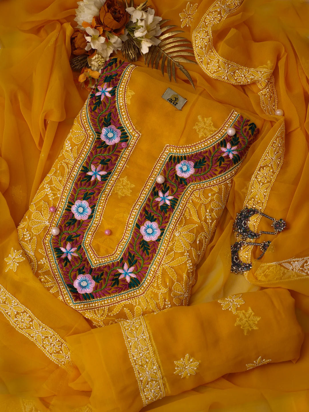 Ada Hand Embroidered Mustard Georgette Lucknowi Chikankari Unstitched Suit Piece With Parsi Work A211257