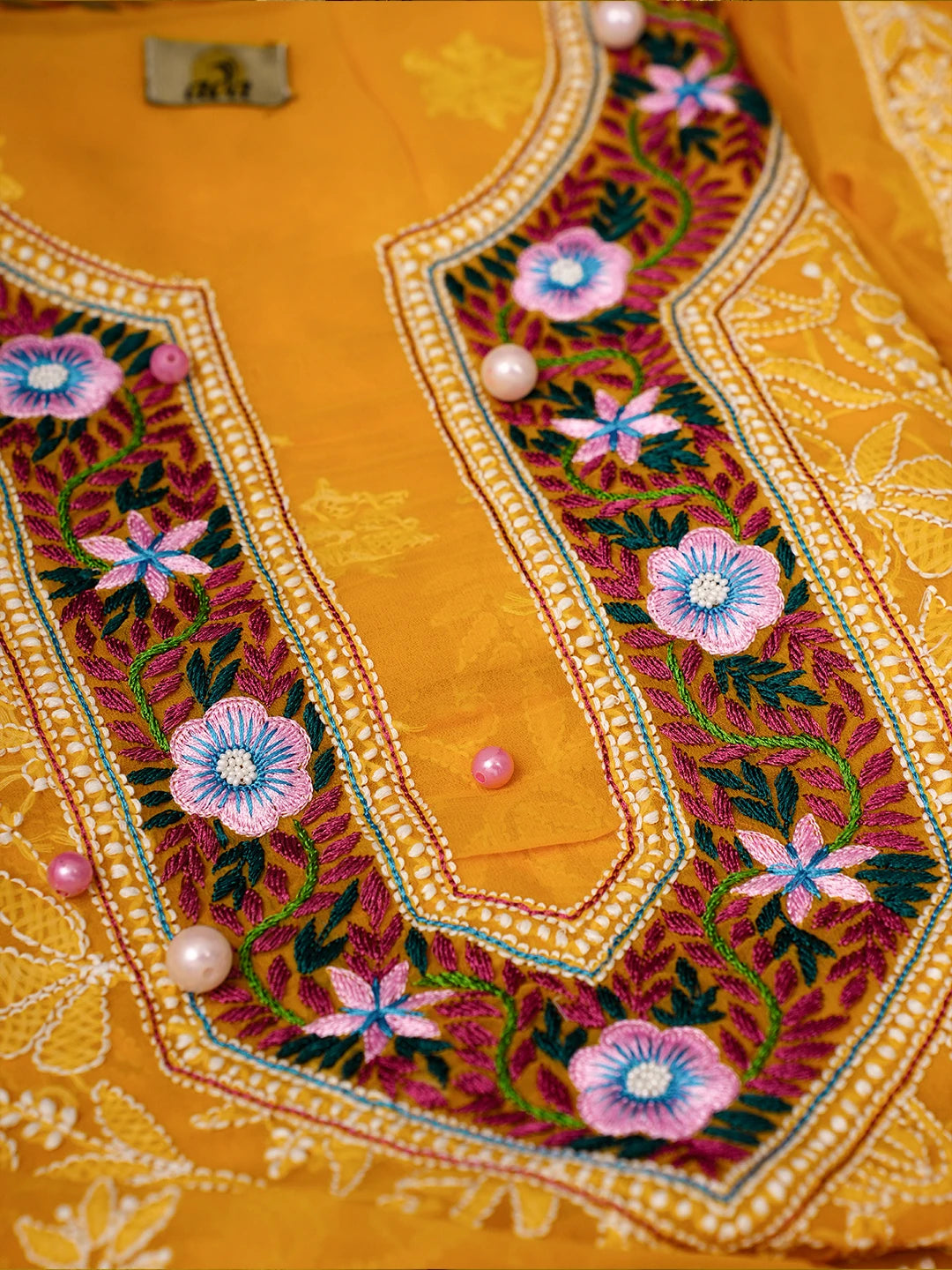 Ada Hand Embroidered Mustard Georgette Lucknowi Chikankari Unstitched Suit Piece With Parsi Work A211257