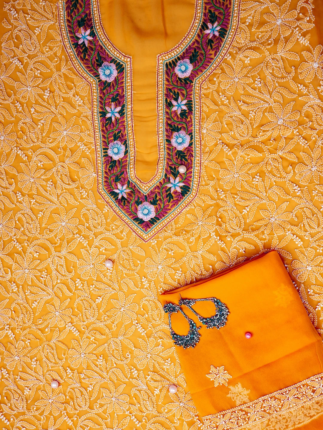Ada Hand Embroidered Mustard Georgette Lucknowi Chikankari Unstitched Suit Piece With Parsi Work A211257