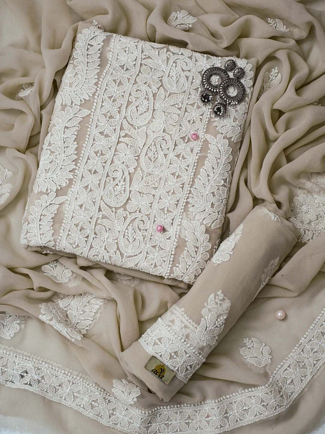 Ada Hand Embroidered Taupe Fawn Georgette Lucknowi Chikankari Unstitched Suit Piece A211291