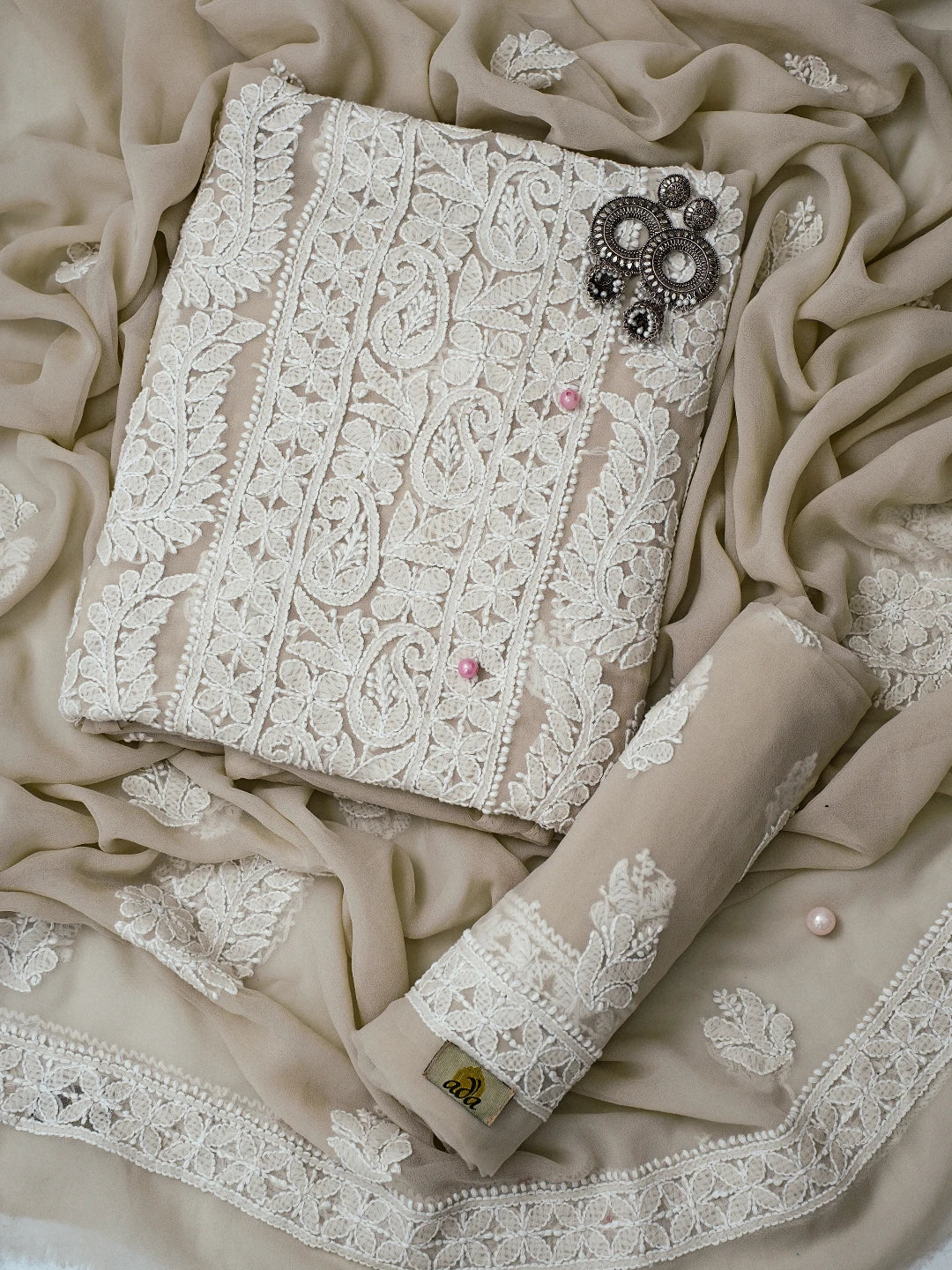 Ada Hand Embroidered Taupe Fawn Georgette Lucknowi Chikankari Unstitched Suit Piece A211291