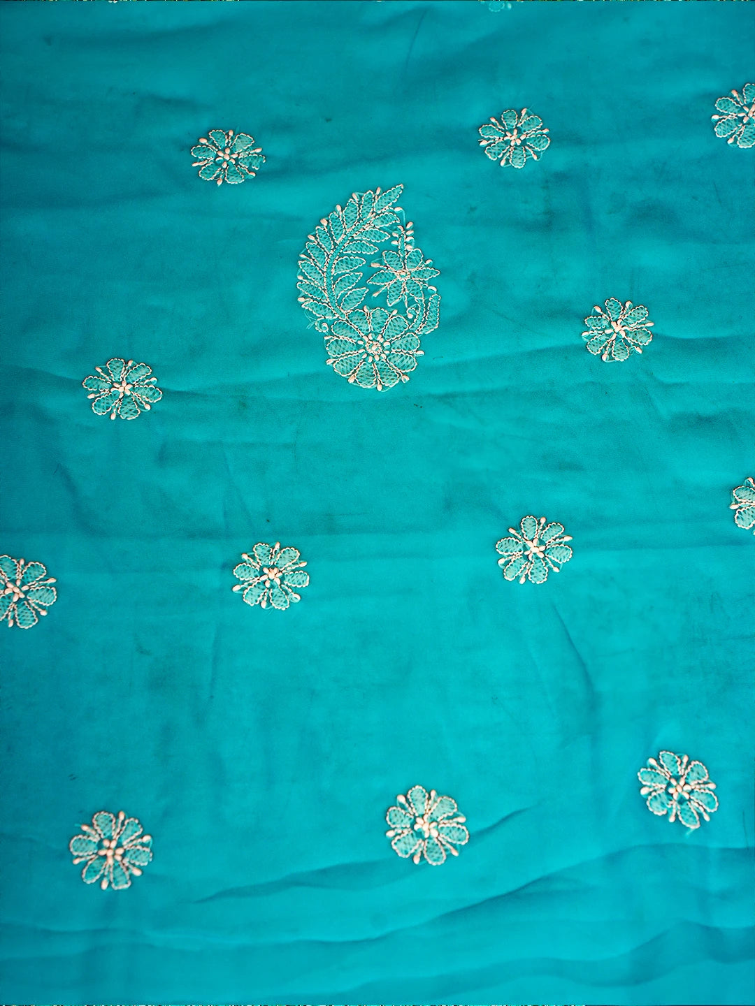 Ada Hand Embroidered Turquoise Blue Georgette Lucknowi Chikankari Unstitched Suit Piece with Parsi Work A211302