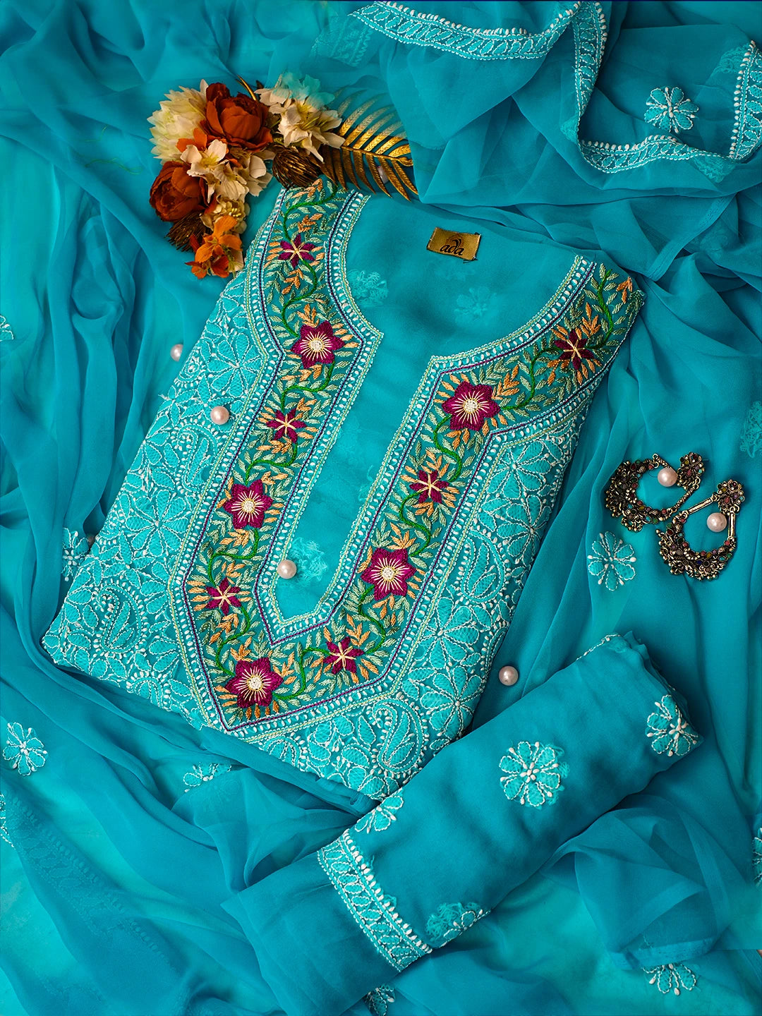 Ada Hand Embroidered Turquoise Blue Georgette Lucknowi Chikankari Unstitched Suit Piece with Parsi Work A211302