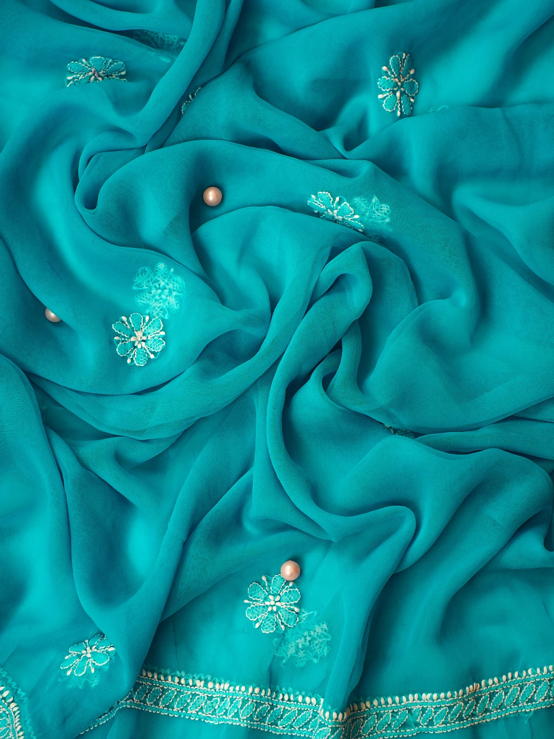 Ada Hand Embroidered Turquoise Blue Georgette Lucknowi Chikankari Unstitched Suit Piece with Parsi Work A211302