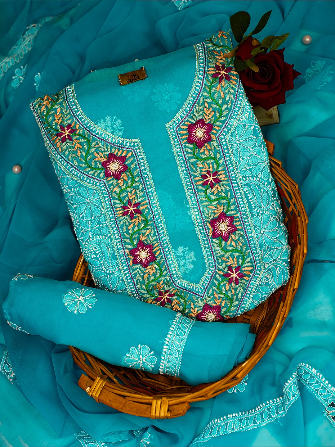 Ada Hand Embroidered Turquoise Blue Georgette Lucknowi Chikankari Unstitched Suit Piece with Parsi Work A211302