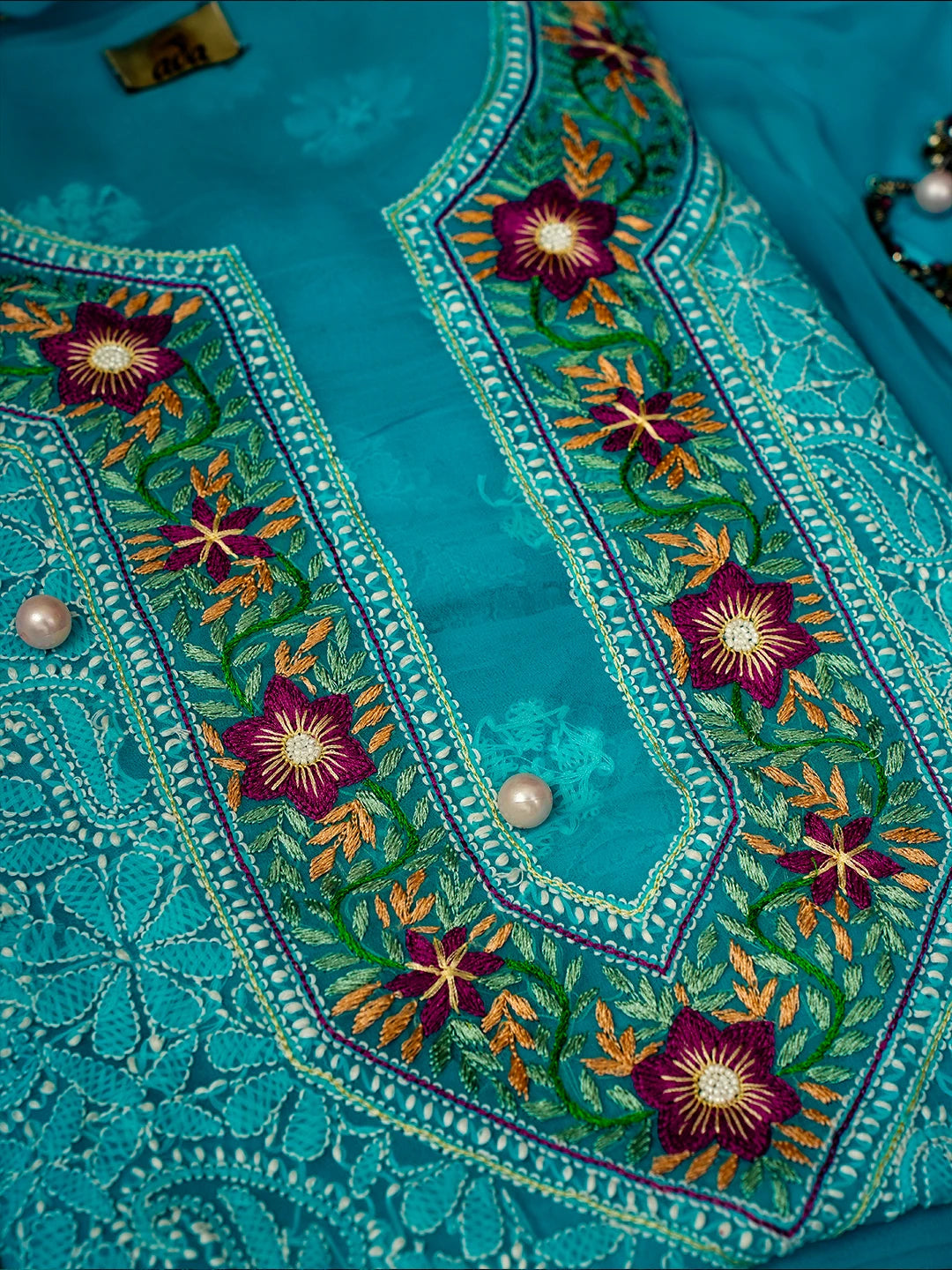 Ada Hand Embroidered Turquoise Blue Georgette Lucknowi Chikankari Unstitched Suit Piece with Parsi Work A211302