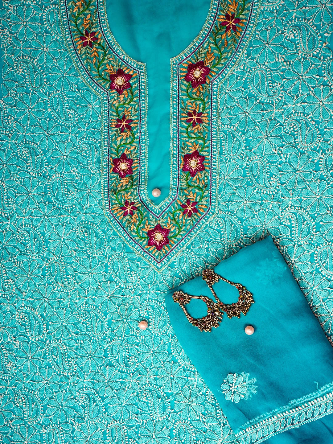 Ada Hand Embroidered Turquoise Blue Georgette Lucknowi Chikankari Unstitched Suit Piece with Parsi Work A211302