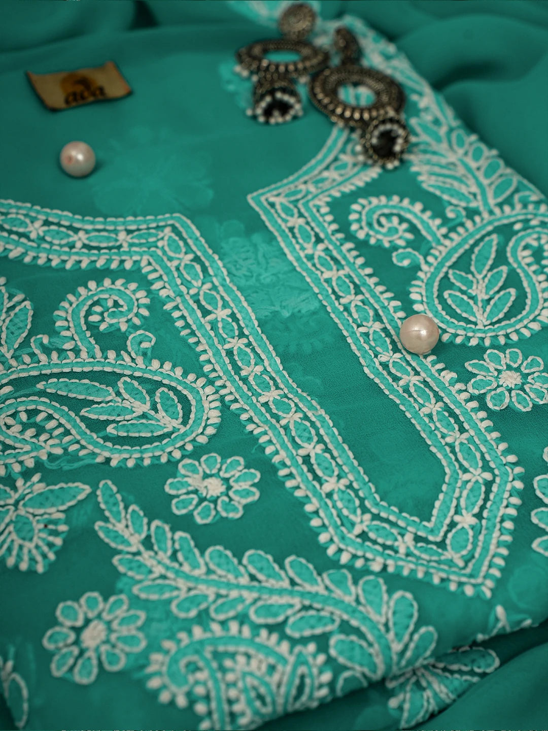 Ada Hand Embroidered Rama Green Georgette Lucknowi Chikankari Unstitched Suit Piece A211308