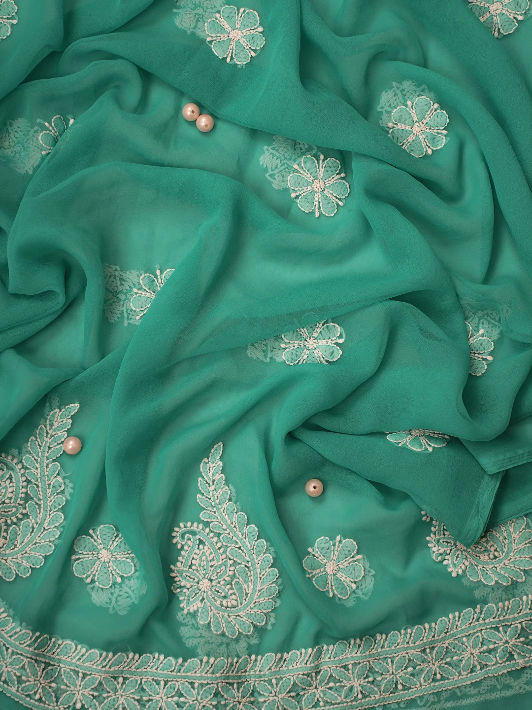 Ada Hand Embroidered Rama Green Georgette Lucknowi Chikankari Unstitched Suit Piece A211308