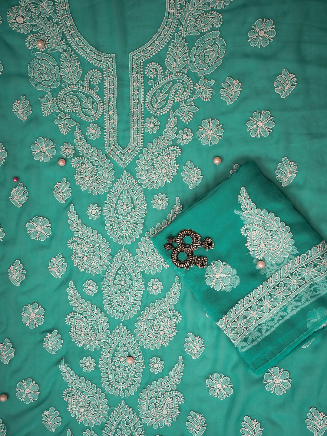 Ada Hand Embroidered Rama Green Georgette Lucknowi Chikankari Unstitched Suit Piece A211308