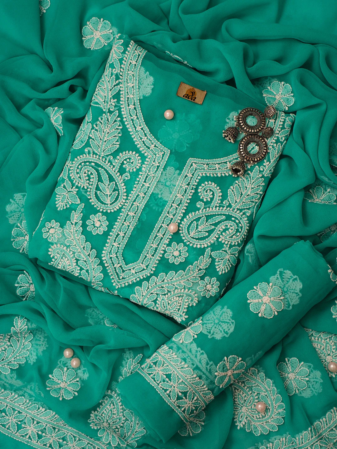 Ada Hand Embroidered Rama Green Georgette Lucknowi Chikankari Unstitched Suit Piece A211308