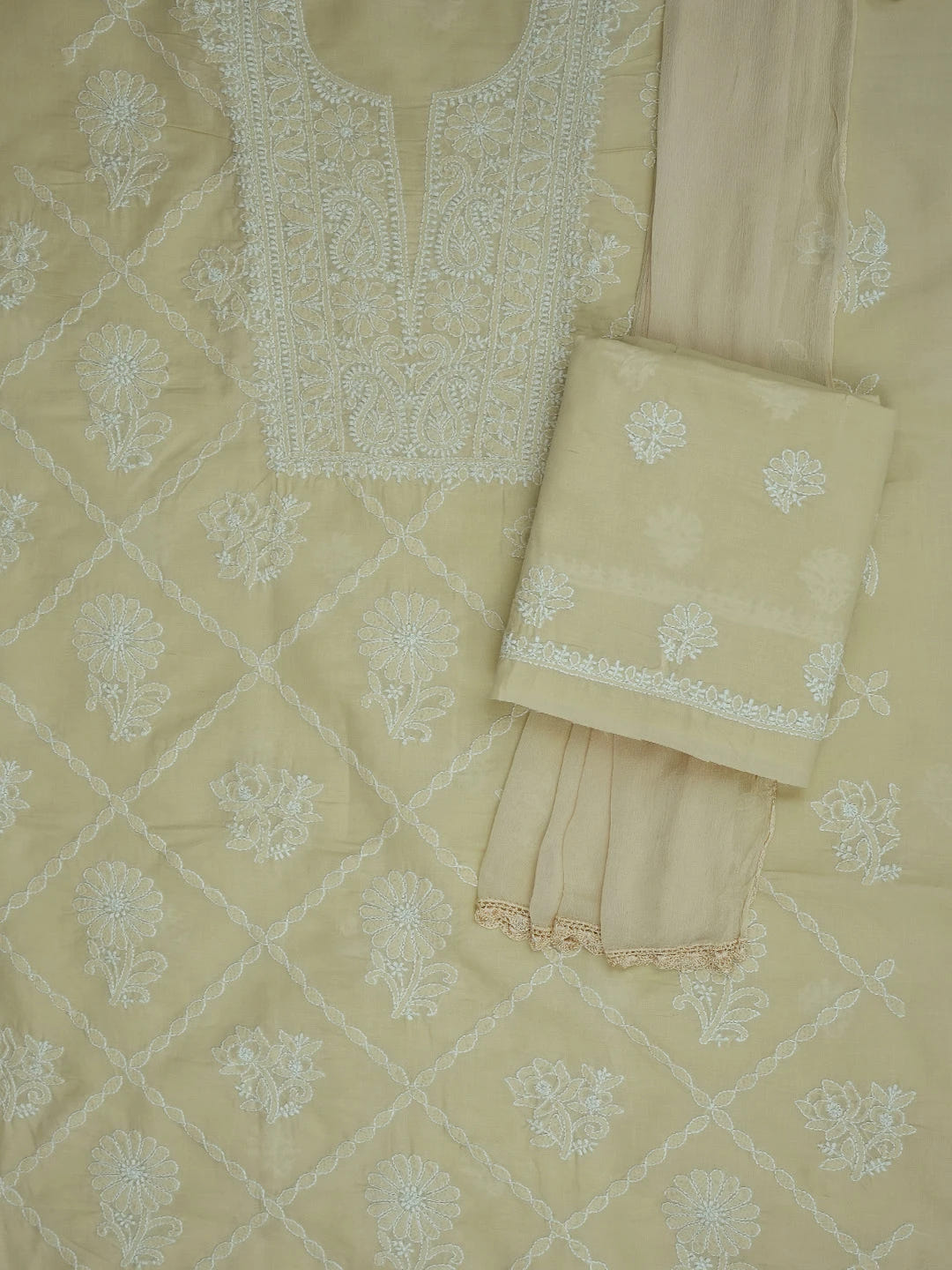 Ada Hand Embroidered Fawn Cotton Lucknowi Chikankari Unstitched Suit Piece 01A677766