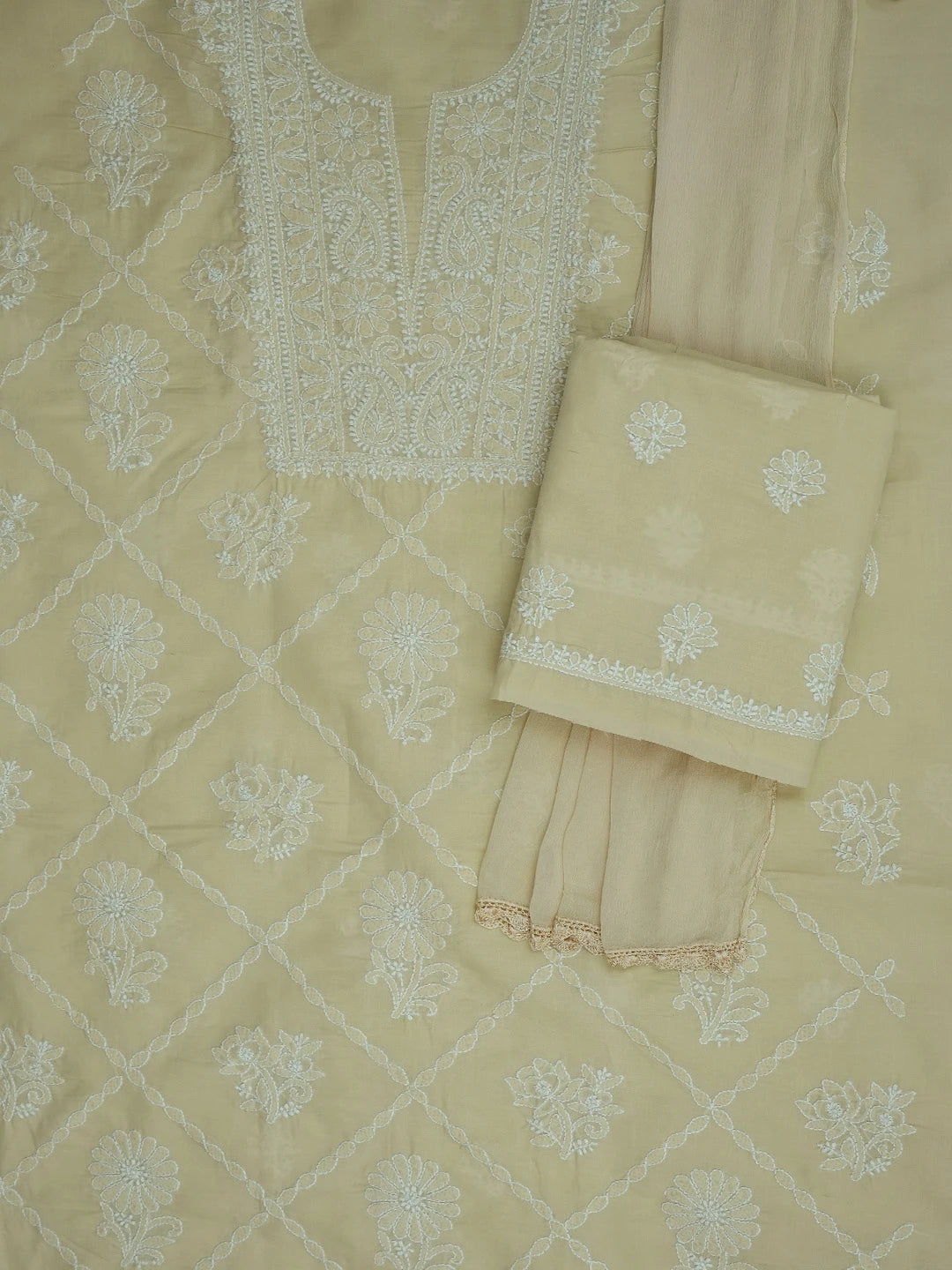 Ada Hand Embroidered Fawn Cotton Lucknowi Chikankari Unstitched Suit Piece 01A677766