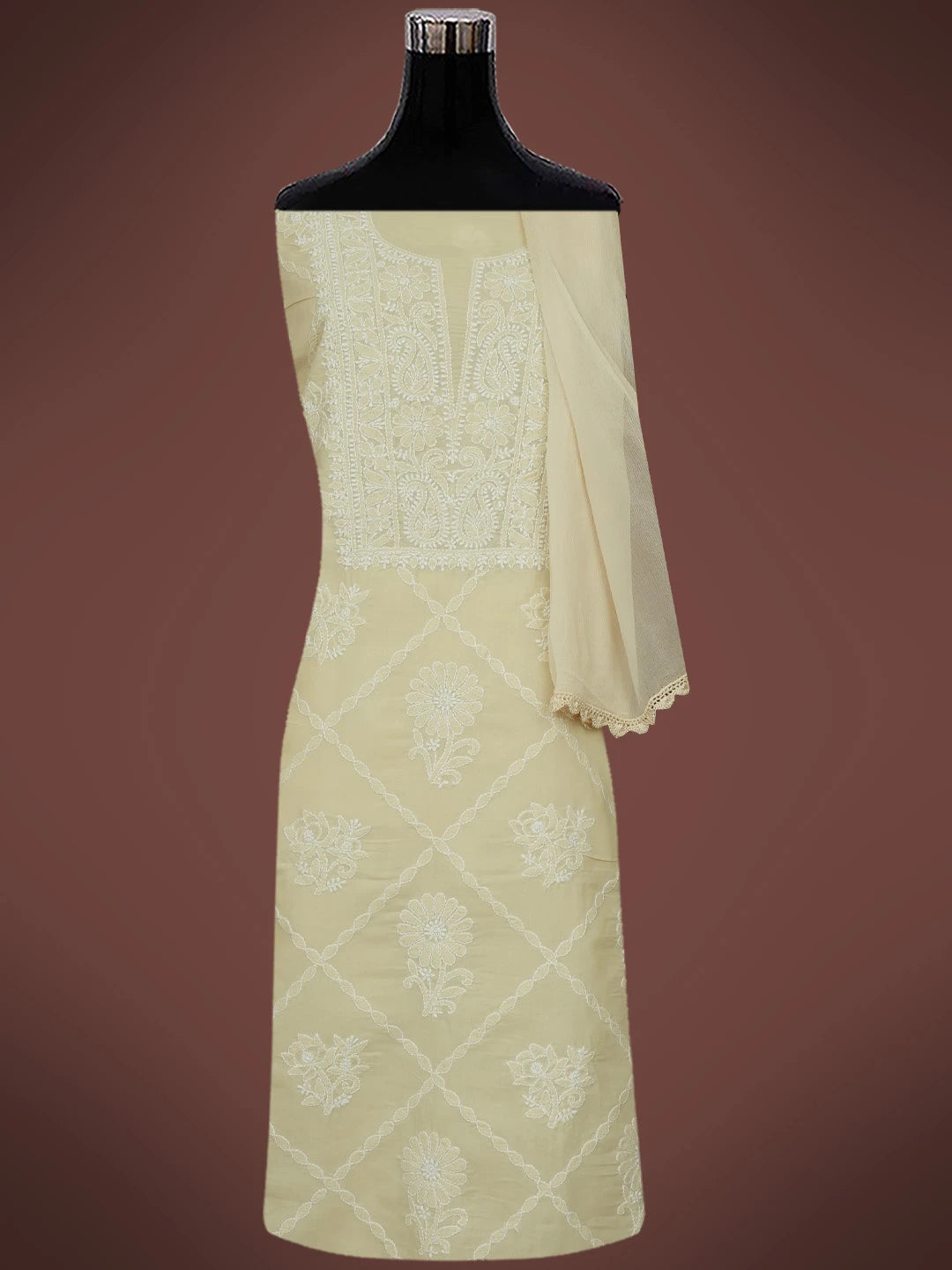 Ada Hand Embroidered Fawn Cotton Lucknowi Chikankari Unstitched Suit Piece 01A677766