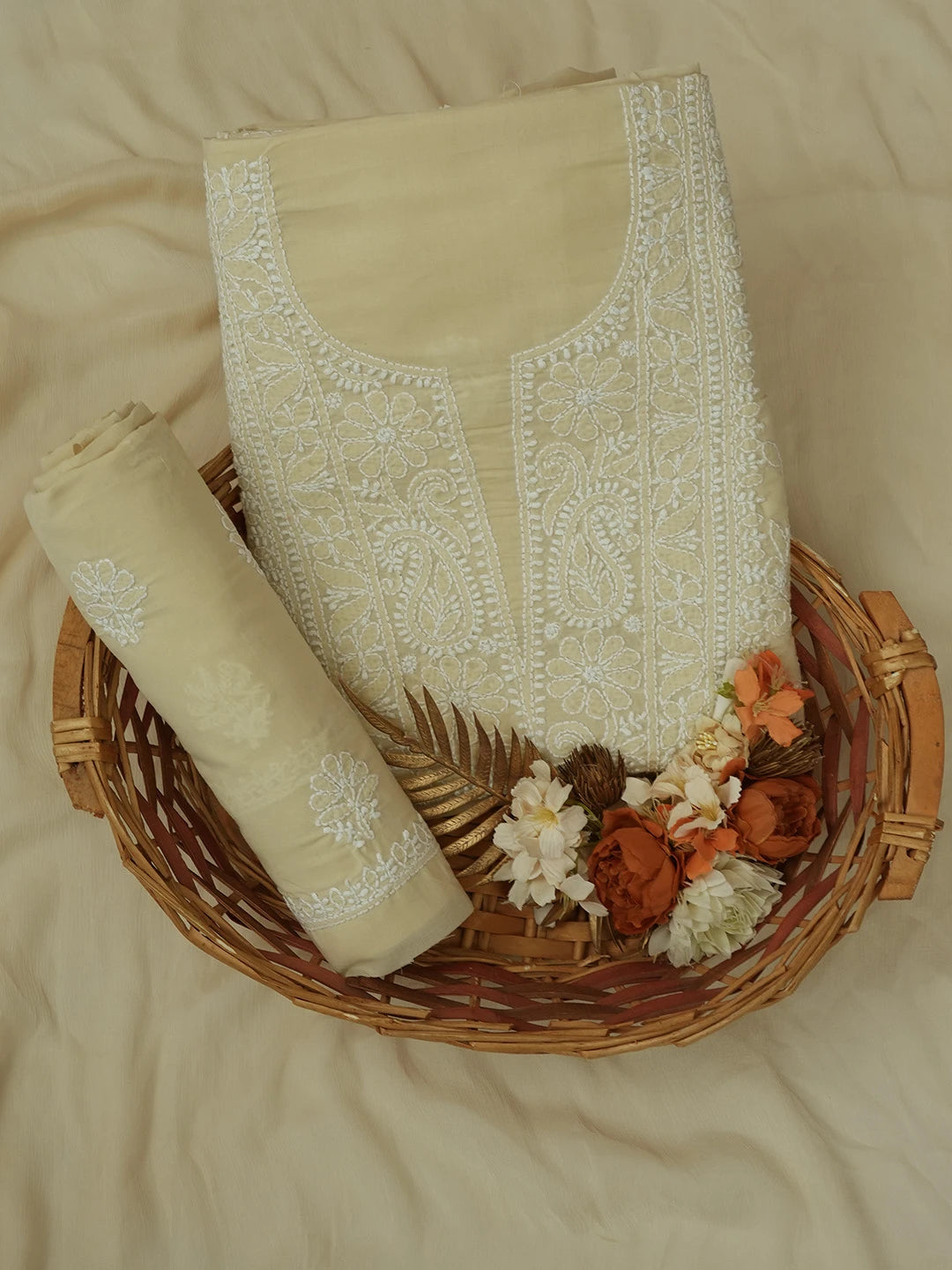 Ada Hand Embroidered Fawn Cotton Lucknowi Chikankari Unstitched Suit Piece 01A677766