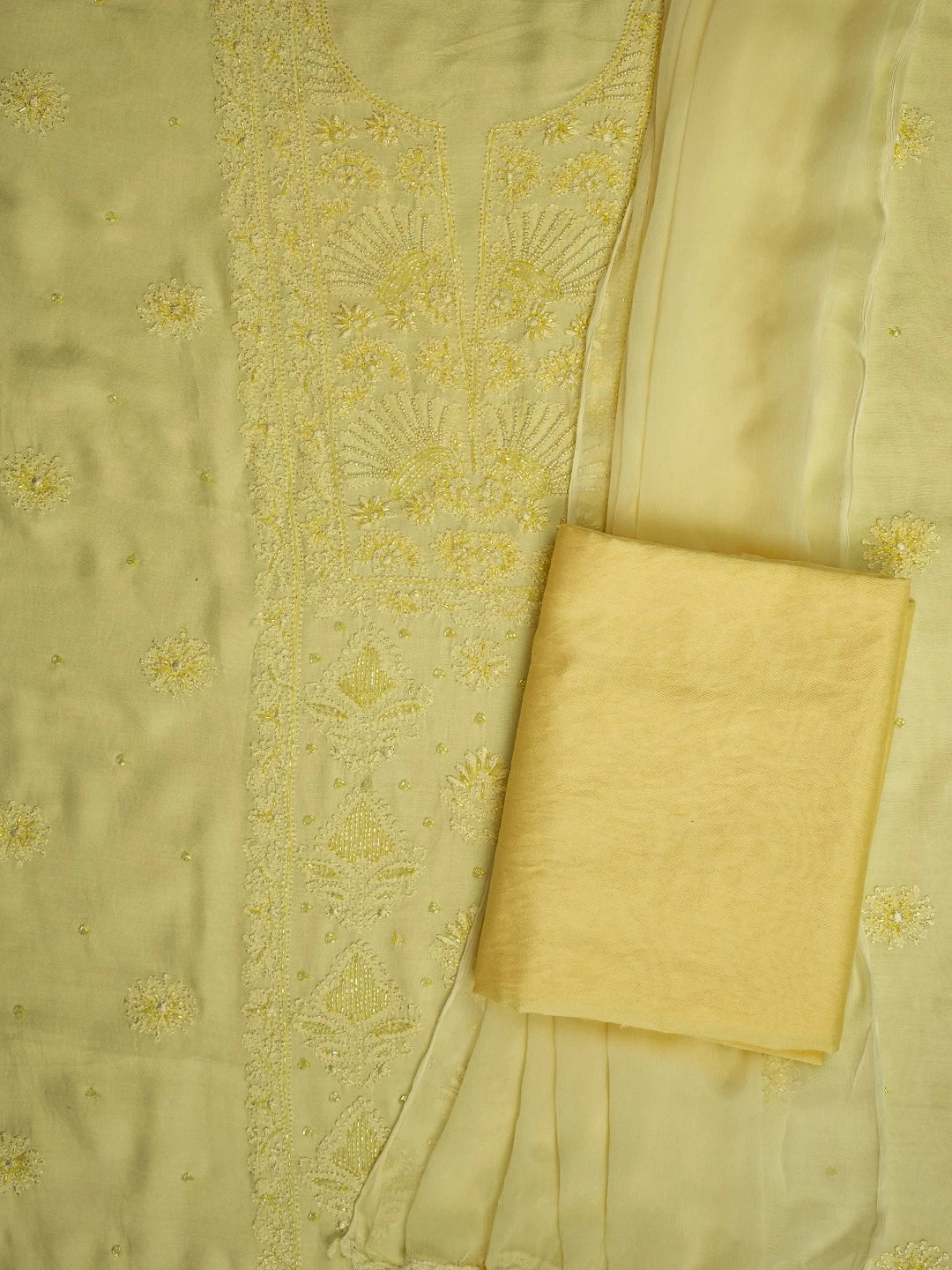 Ada Hand Embroidered Lemon Muslin Lucknowi Chikankari Unstitched Suit Piece With Cutdana Work 01A709419