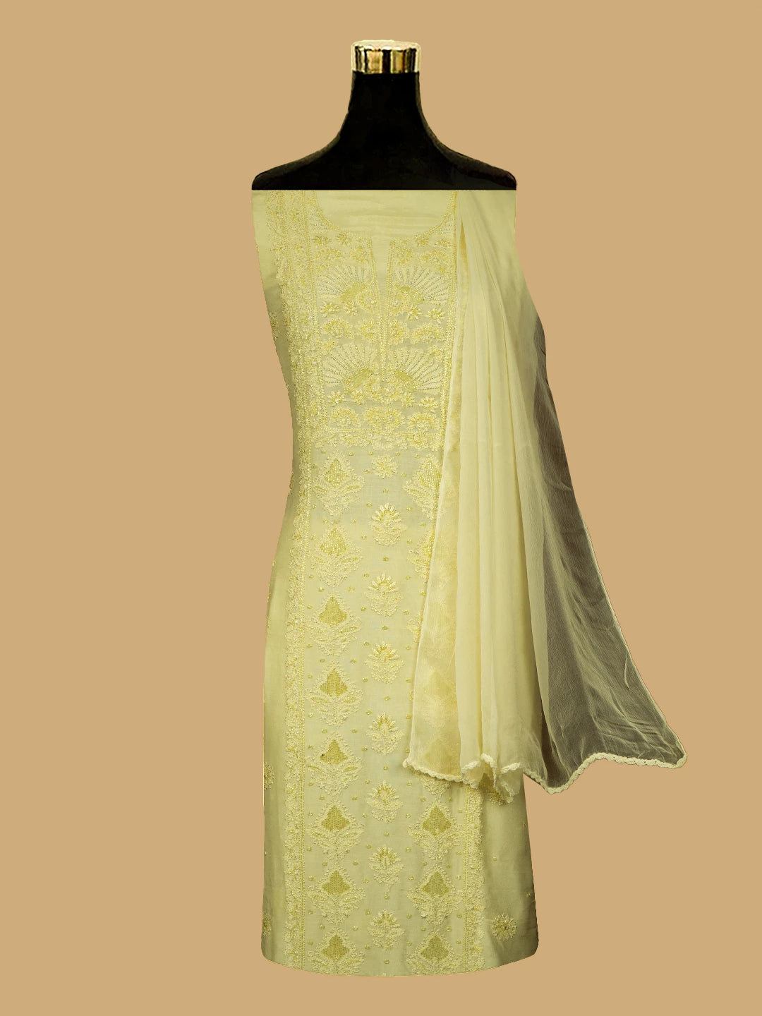 Ada Hand Embroidered Lemon Muslin Lucknowi Chikankari Unstitched Suit Piece With Cutdana Work 01A709419