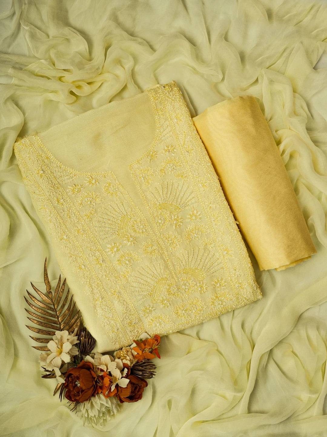 Ada Hand Embroidered Lemon Muslin Lucknowi Chikankari Unstitched Suit Piece With Cutdana Work 01A709419