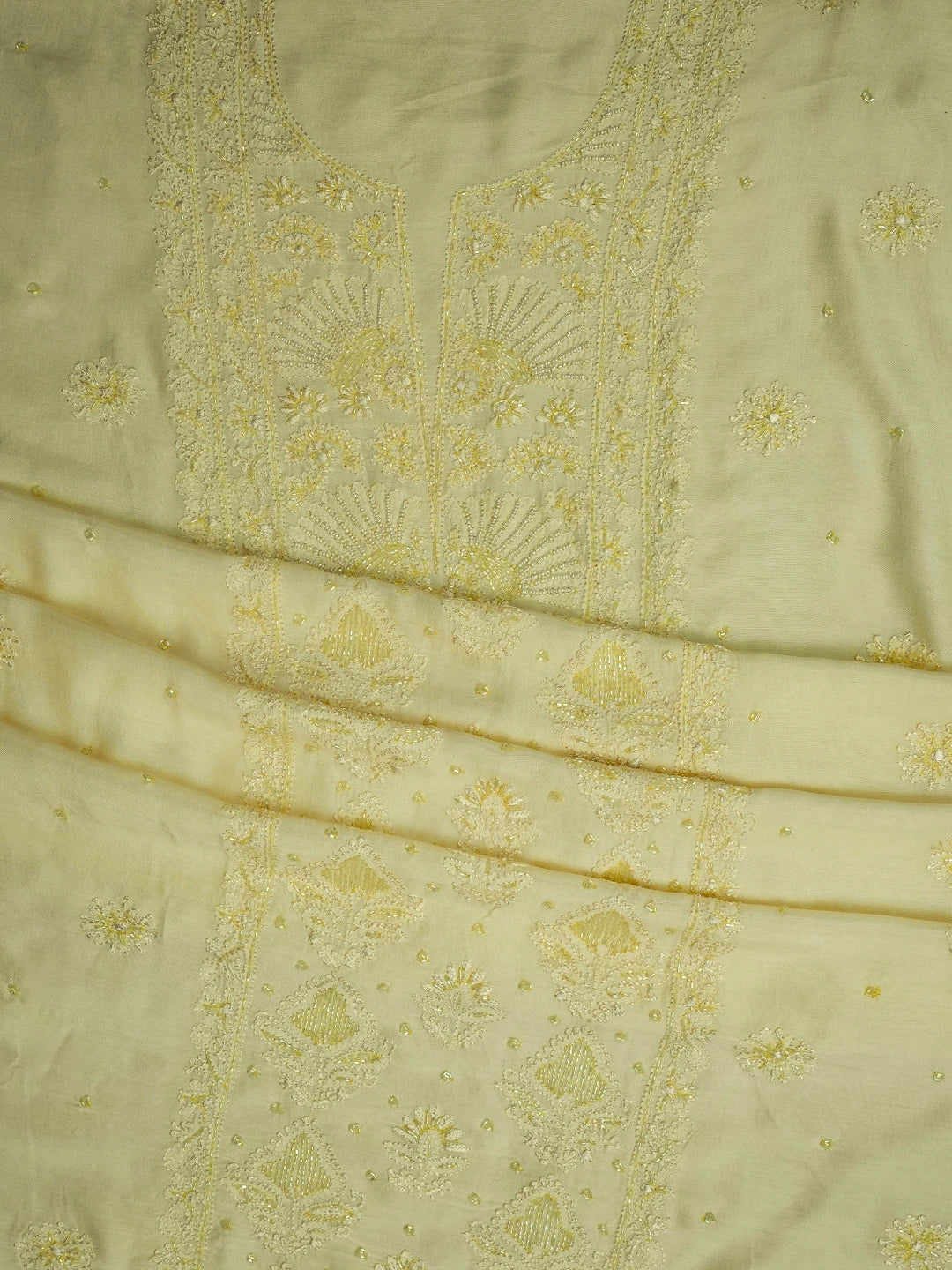 Ada Hand Embroidered Lemon Muslin Lucknowi Chikankari Unstitched Suit Piece With Cutdana Work 01A709419